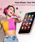 Woman enjoying music with Kids Bluetooth MP3 Player With WiFi And 4.0 Inch Touch Screen Android Music Player Pink