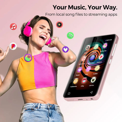 Woman enjoying music with Kids Bluetooth MP3 Player With WiFi And 4.0 Inch Touch Screen Android Music Player Pink
