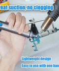 No Clog Desoldering Pump With Powerful Vacuum Suction in electronics repair, handheld with iron tool on a circuit board.