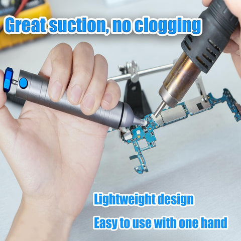No Clog Desoldering Pump With Powerful Vacuum Suction in electronics repair, handheld with iron tool on a circuit board.