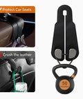 Sleek Double Purse Hook For Car, Premium stitched leather organizer with 50lb capacity, installed on vehicle headrest.