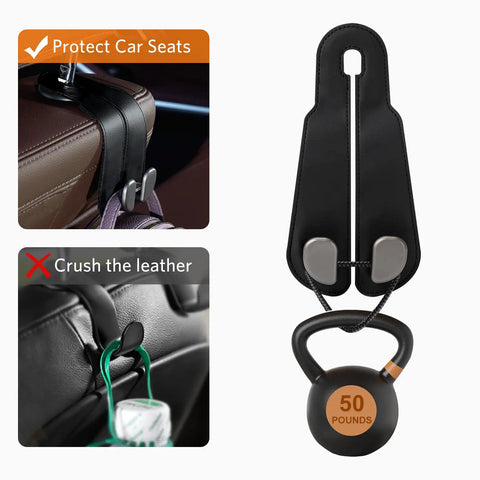 Sleek Double Purse Hook For Car, Premium stitched leather organizer with 50lb capacity, installed on vehicle headrest.