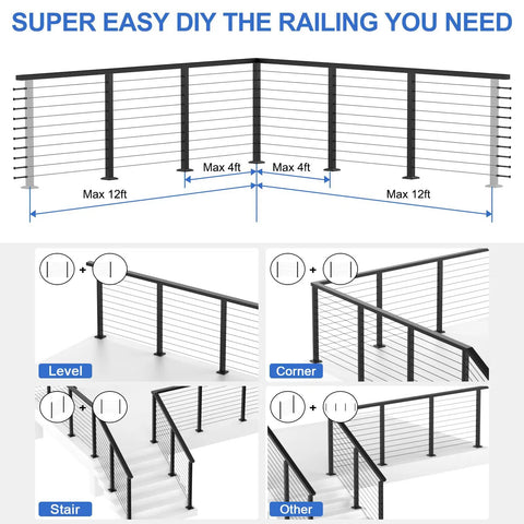 Diagram of Heavy Duty 36 Inch Stainless Steel Cable Railing Corner Post Featuring 90 Degree L Drilled Holes for various setups.
