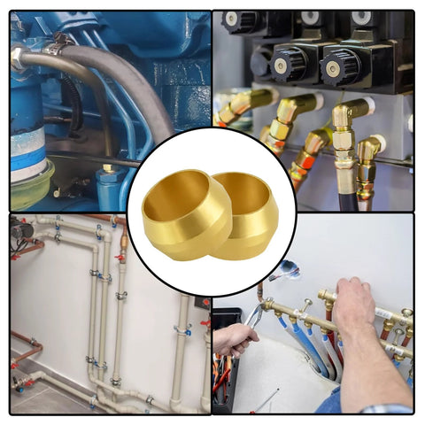 Two brass 5/8 in OD compression sleeves (ferrules) on a collage of plumbing fittings, hoses and valves.