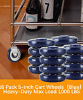 Sixteen Pack 5 Inch Shopping Cart Replacement Wheels Kit with Double Ball Bearing TPU Silent Casters, blue polyurethane.