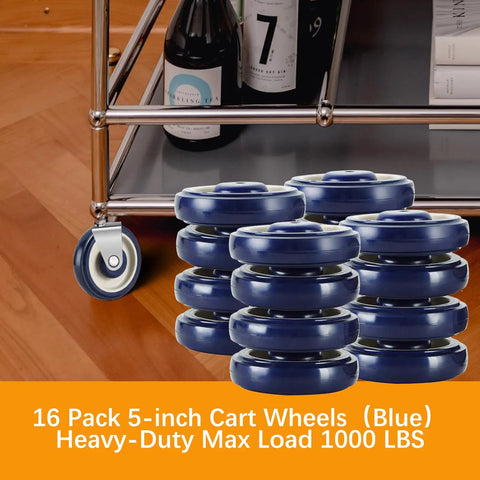 Sixteen Pack 5 Inch Shopping Cart Replacement Wheels Kit with Double Ball Bearing TPU Silent Casters, blue polyurethane.