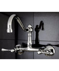 Old-School Vintage Wall Mount Kitchen Faucet Brushed Nickel With Solid Brass Construction, shown on black tile wall.