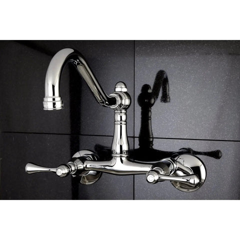 Old-School Vintage Wall Mount Kitchen Faucet Brushed Nickel With Solid Brass Construction, shown on black tile wall.