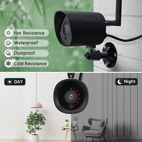 2 Pack Outdoor WiFi Security Cameras 2K Night Vision Motion Detection IP66 Waterproof Cloud Storage Alexa Compatible highlighting durability and day-night use