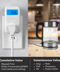 Plug In Watt Meter With Backlit LCD Display for Home Use Energy Consumption Monitor on wall tracking voltage, amps, and wattage.