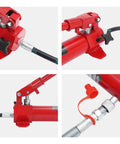Close-up of 10 Ton Porta Power Hydraulic Kit components, including pump, hose, and safety valve for auto body repair.