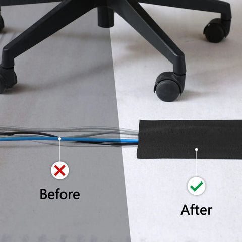 Comparison of office chair wheels on carpet with cables exposed before and covered after using Cord Cover Floor Cable Protector For Carpet 4 Inches Wide By 50 Feet Long Easy Cut To Fit Keeps Cables Sorted And Safe Prevents Trip Hazards Great For Office And Home Setup Black.
