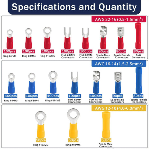 All In One 1520Pcs Electrical Crimp Connectors Kit With Insulated Wire Terminals Including Ring Fork Butt Spade Female And Male Terminals In Three Color Coded Sizes For Easy Wiring Projects Great For Automotive Marine And Home Shop with quantity and AWG sizes displayed
