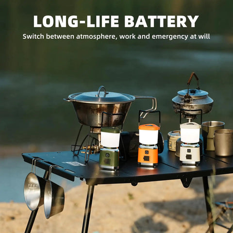 Hella Bright 1000 Lumen Rechargeable LED Camping Lantern With Four Light Modes on outdoor table with cooking setup