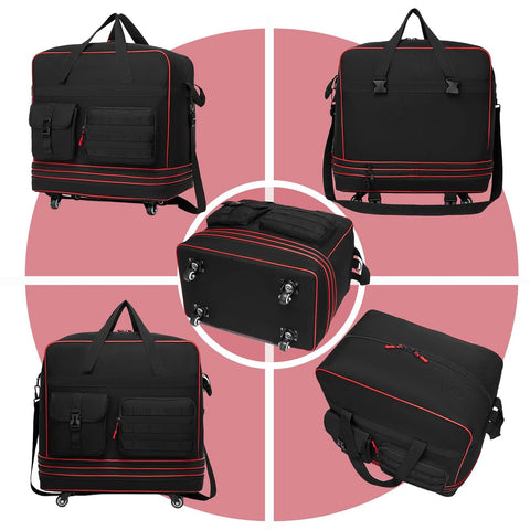 seyfocnia tactical foldable travel bag with wheels, black with red piping, front view
seyfocnia tactical foldable travel bag with wheels, black with red piping, back view
seyfocnia tactical foldable travel bag with wheels, black with red piping, side view
seyfocnia tactical foldable travel bag with wheels, black with red piping, bottom view
seyfocnia foldable luggage bag with top handles, wheels, black, top view