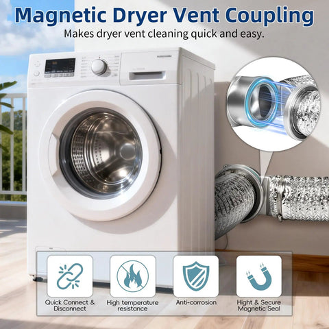 Magnetic Dryer Vent Connector Kit with Self Aligning Magnets Airtight Seal Snap On No Tools Needed beside washing machine.