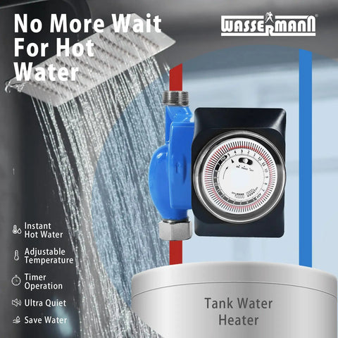 Instant Hot Water Recirculating Pump Kit For Tank Water Heaters With Thermal Bypass Tech and Adjustable Stainless Steel Valve shown with timer and water lines.
