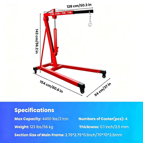Rock Solid Heavy Duty Two Ton 4400 Pounds Engine Hoist Cherry Picker with adjustable boom, 143 cm tall, red steel construction.