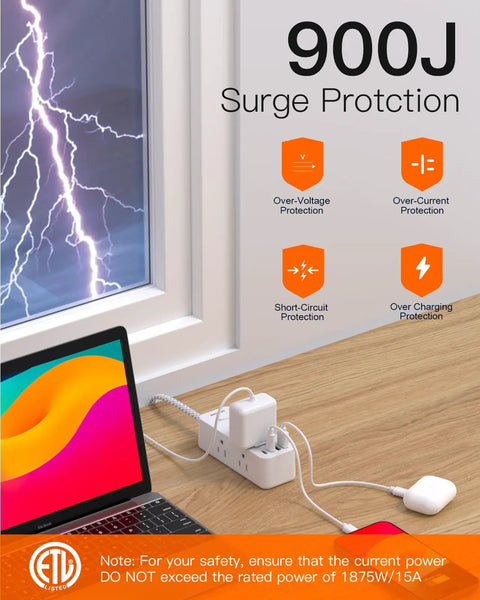 10 In 1 Power Strip With USB C And 6 Outlets on desk near window with storm, featuring surge protection details, laptop connected
