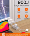 10 Ft Long Surge Protector Power Strip With 6 Outlets And 4 USB Ports Including 2 USB C, 3 Sided Extender, featuring 900J surge protection shown next to laptop.
