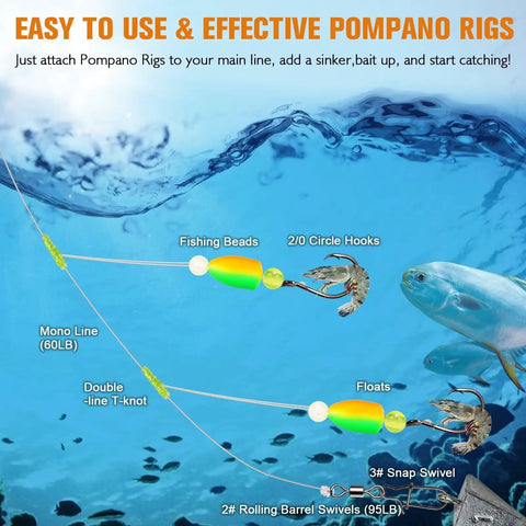 Pompano Surf Fishing Rigs With Hand Tied Unique T Knot Saltwater Floats Pre Rigged Tackle Bullet Float Two Color Options Two O Hooks