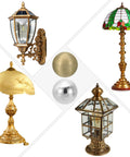 Assorted decorative lamp finials and vintage lamps, showcasing bronze and brass finishes, including stained glass design