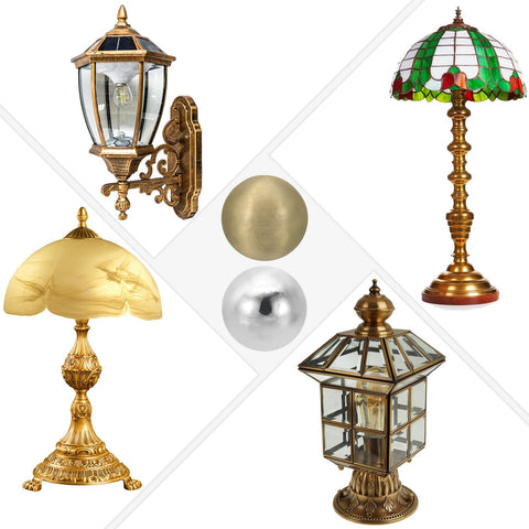 Assorted decorative lamp finials and vintage lamps, showcasing bronze and brass finishes, including stained glass design