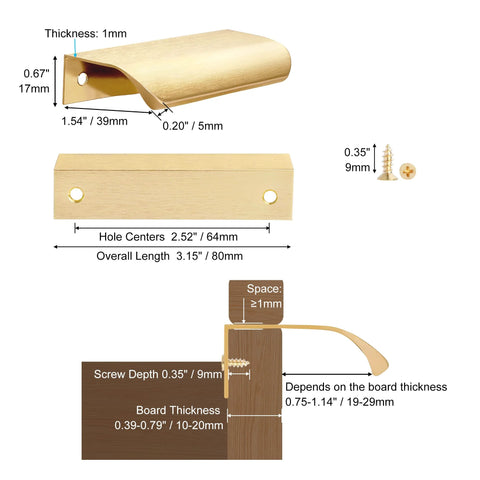 Diagram showing 10 Pack Brushed Gold Edge Finger Cabinet Pulls 3.15 Inch Aluminum Drawer Handles with dimensions and installation guide.