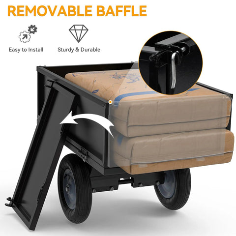 Beefy Heavy Duty Steel Dump Cart For ATVs And Tractors With Fold Down Side Panels 500 Lb Capacity Utility Trailer showing removable baffle