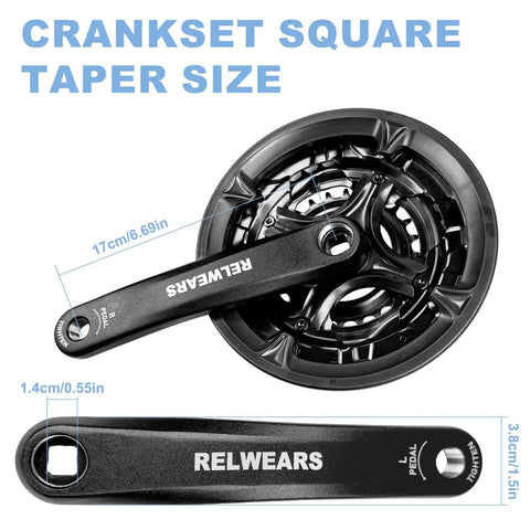 Close-up of Bike Crankset 24 34 42T 170mm Square Taper with measurements, showing crank arm set for 3x7 3x8 3x9 speed MTB.