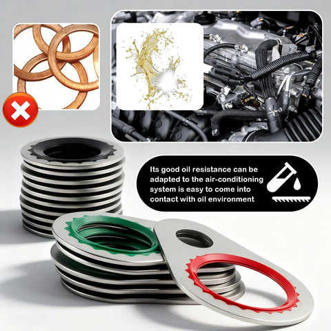 Visual showing Multi Size O Ring Kit For Car AC Repairs 139 Piece Set With 85 Washers And 54 Rubber Gaskets in use and stacked gaskets