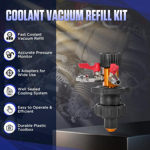 Coolant Vacuum Refill Kit with pressure gauge and air adapters for auto cooling system, includes 5 adapters and connectors