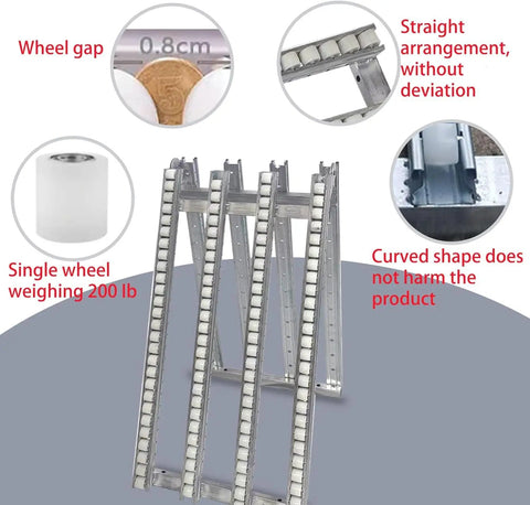 Gravity Driven Roller Conveyor Table With Foldable ABS Rollers And Stainless Steel Frame No Power Design For Warehouse Freight Handling And Smooth Material Flow, showing roller spacing and frame details.