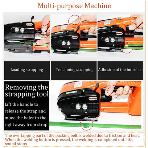 Handheld Automatic Hot Melting Strapping Tool For 13 To 16 Mm Pp Pet Straps With Rechargeable Battery demonstrating loading and tensioning features.