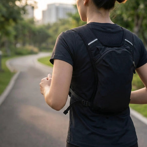 Runner wearing a hydration vest pack with breathable nylon, adjustable chest straps, and multiple pockets on a park path