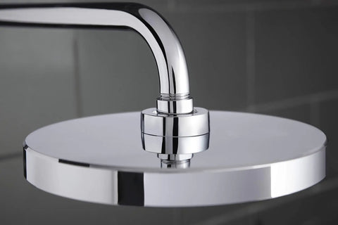 Awaken 8 Inch Single Function Rain Showerhead With Adjustable Swivel Ball Joint in polished chrome, close-up view