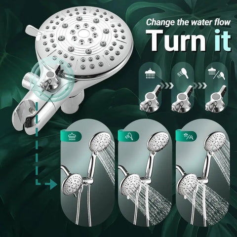 2 In 1 All In One Dual Shower Head System With Rainfall And Handheld Spray, 59 Inch Stainless Steel Hose, 3 Way Diverter Design