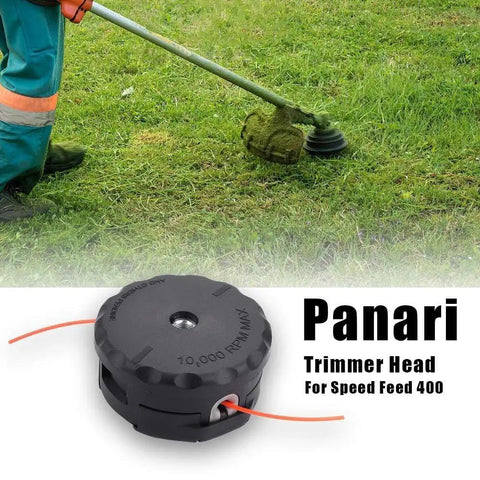Speed Feed 400 Trimmer Head For Straight Shaft String Trimmers Fits Echo Honda Husqvarna Shindaiwa Stihl And More No Fuss Bump Feed Replacement For SRM Series Echo SRM 225 Head shown in use and product display.