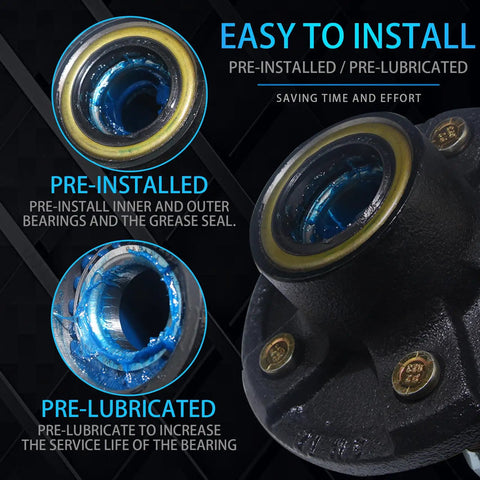 Preinstalled Trailer Hub Kit 5 Bolt 4.5 Inch 2000 lb Axle with L44649 Bearings and 1.25 Inch ID Grease Seals, pre-lubricated