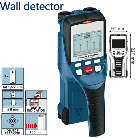 Nail Your Next Home Project Straight Up With This Hella Reliable Wall Scanner And Metal Detector Featuring Millimeter Exact Center Targeting For Busy Contractors, shown in blue with screen and buttons.