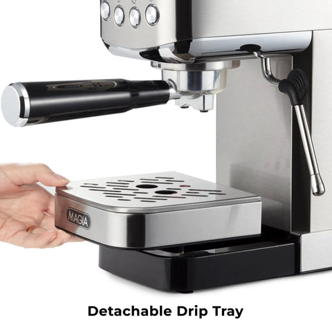 Close-up of detachable drip tray on Compact Espresso Machine With 20 Bar Pump And Milk Frother Steam Wand For Barista Grade Lattes And Cappuccinos At Home 1350W Fast Heating 40 Ounce Removable Water Tank Stainless Steel Silver