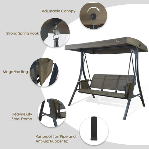 Image showing Brenda 3 Seat Outdoor Porch Swing Glider with Adjustable Canopy, heavy-duty steel frame, and textilene seat.