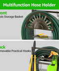 Heavy Duty Garden Hose Holder With Brass Faucet Freestanding Hose Reel Stand With Storage Basket Holds 150 Feet Front Back View