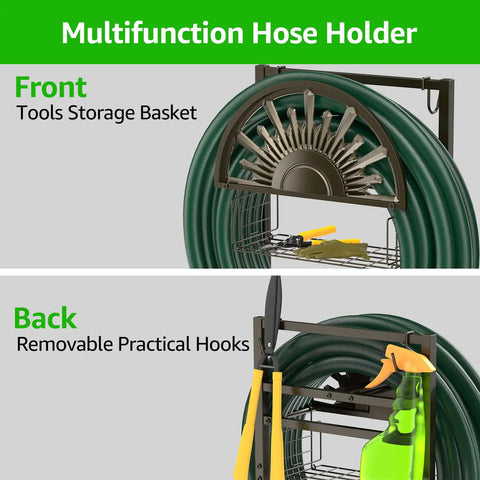 Heavy Duty Garden Hose Holder With Brass Faucet Freestanding Hose Reel Stand With Storage Basket Holds 150 Feet Front Back View