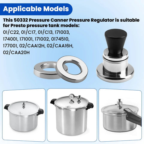 Three Piece Adjustable Pressure Regulator Kit For Canners And Pressure Cookers, 5 10 15 Lb Settings, displayed with pots