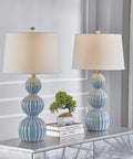 28 Inch Blue Ceramic Table Lamps Set Of 2 For Living Room And Bedroom Modern Coastal Nightstand Lamps With White Linen Shade