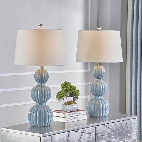 28 Inch Blue Ceramic Table Lamps Set Of 2 For Living Room And Bedroom Modern Coastal Nightstand Lamps With White Linen Shade