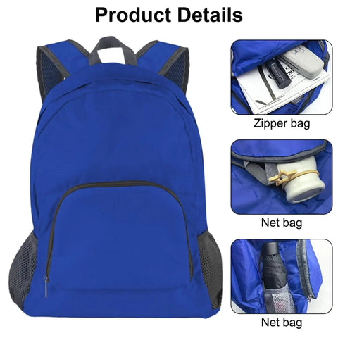 Two-Pack Lightweight Foldable Backpack Set Water-Resistant Packable 20L Travel Hiking Bags Navy Blue and Royal Blue, details view