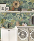 Laundry room with Green Floral Peel And Stick Wallpaper Vinyl Roll 17.7 Inch By 393.7 Inch Vintage Botanical Contact Paper on wall.