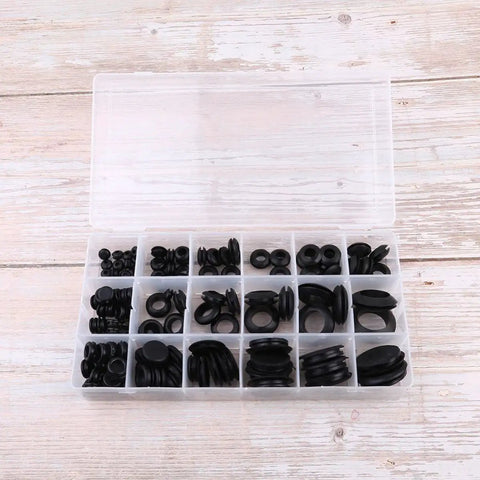 125 Piece Black Rubber Grommet Seal Kit For Hoses And Faucets With Heat Resistant Rubber Gaskets In A Handy Plastic Box For Windows And Small Appliances, open box